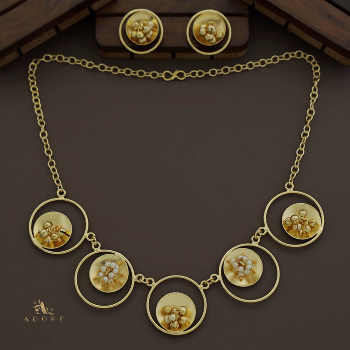 Golden Ghungroo Pearl Circle Neckpiece With Earring