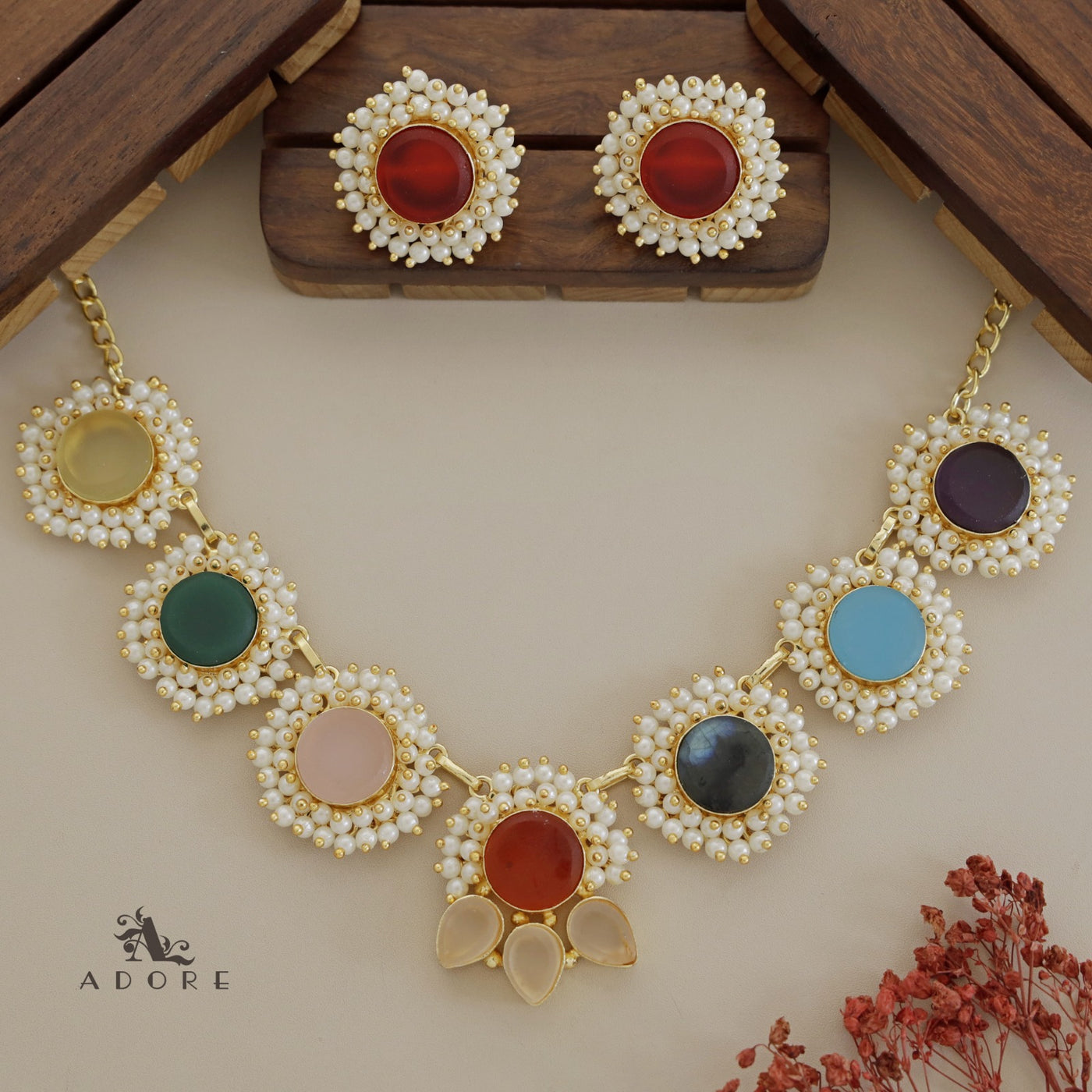 Multicolour Centric Full Pearl Neckpiece With Earring