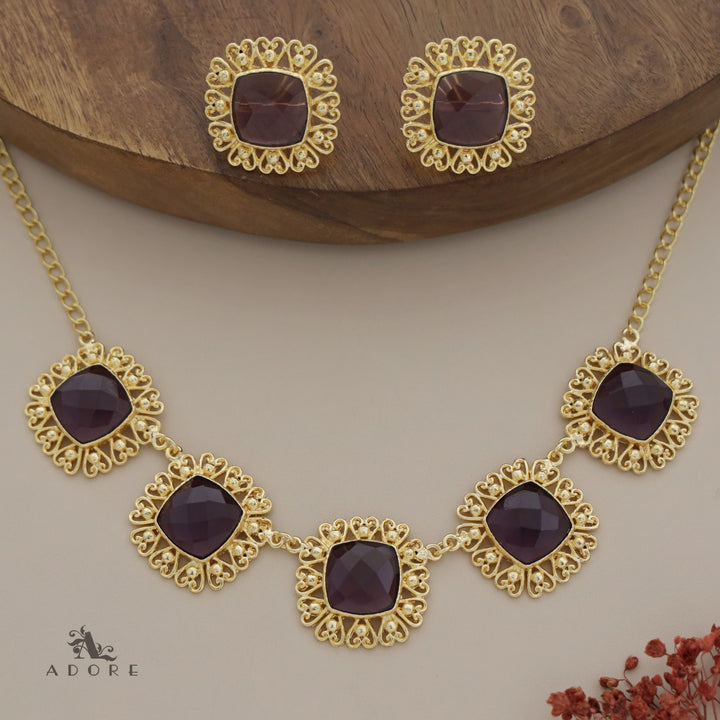 Golden Heart Glossy Square Choker / Short Neckpiece With Earring