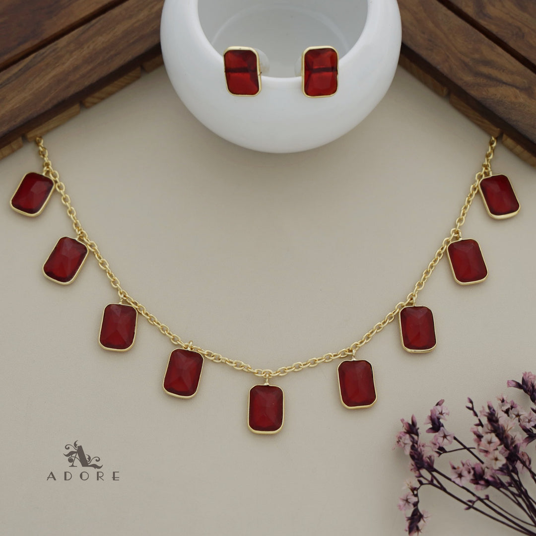Hanging 9 Stone Rectangle Glossy Neckpiece With Stud