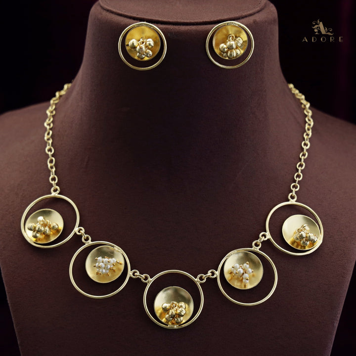 Golden Ghungroo Pearl Circle Neckpiece With Earring