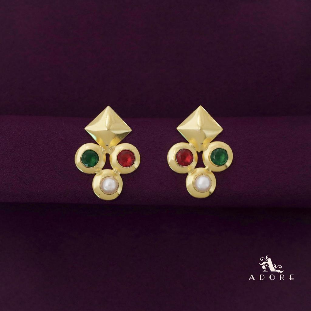 Golden Folded Diamond Tri Glossy + Pearl Earring