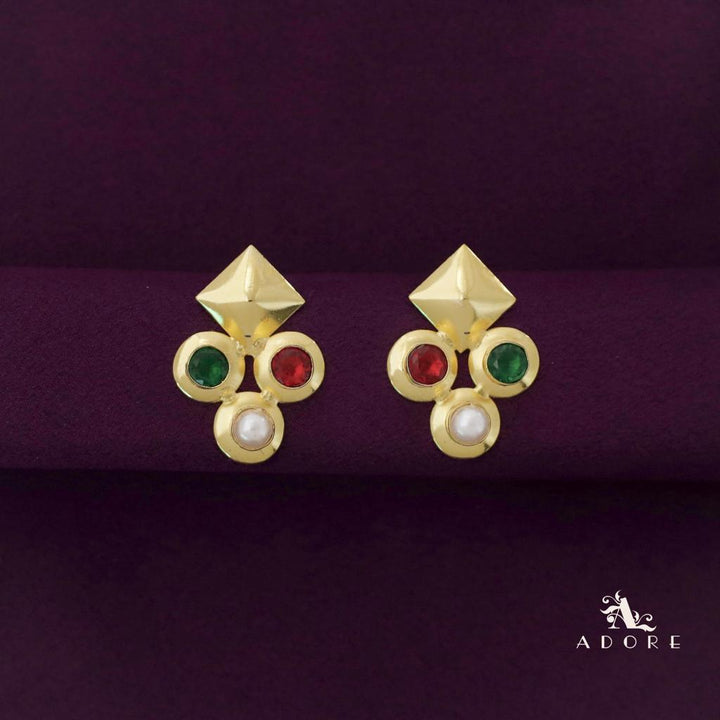 Golden Folded Diamond Tri Glossy + Pearl Earring