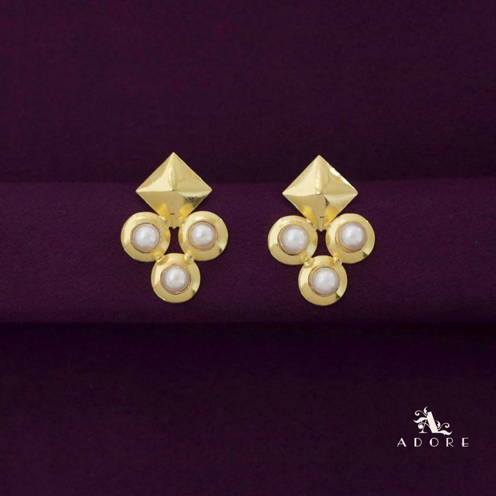 Golden Folded Diamond Tri Glossy + Pearl Earring