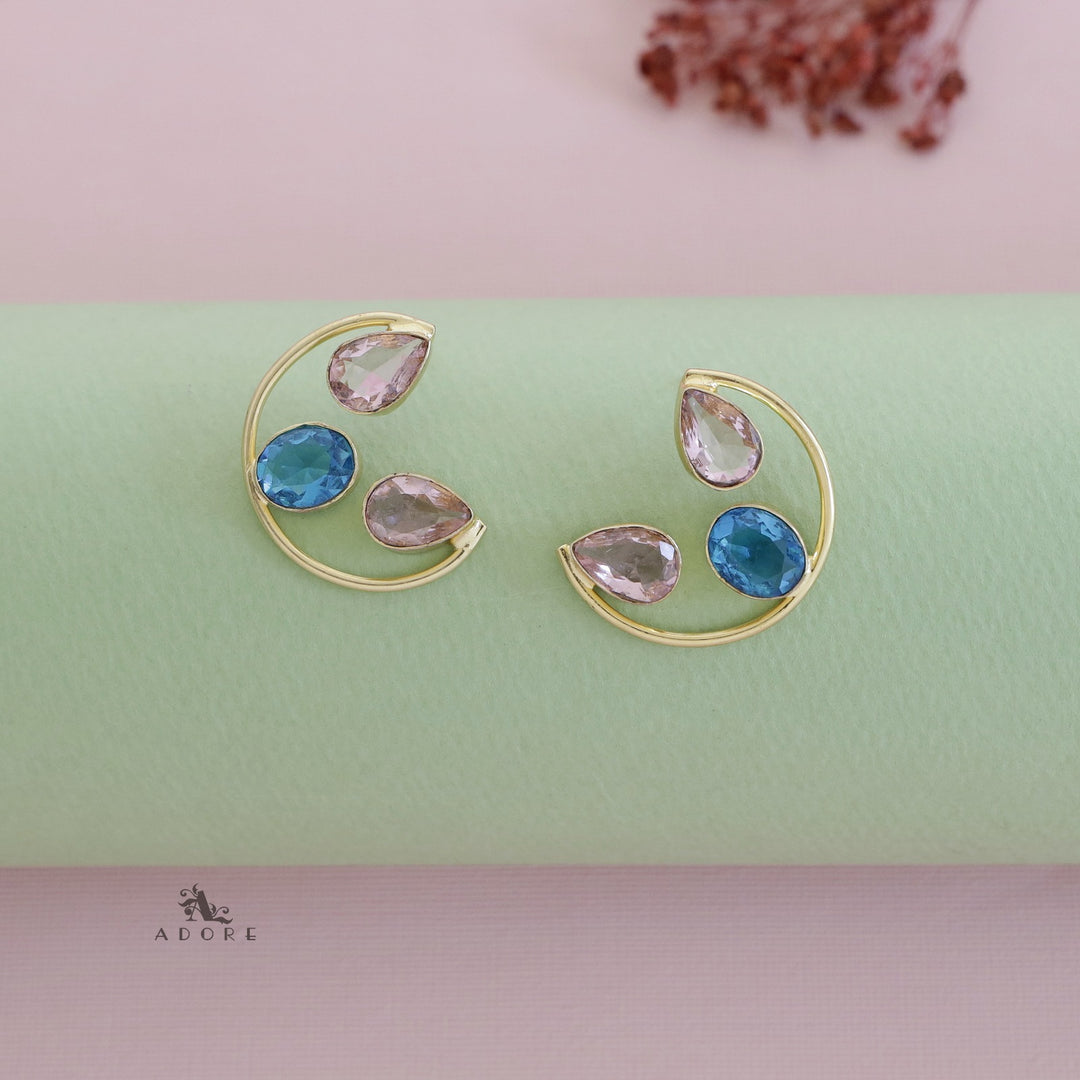 Golden Semi Circle Glossy Twin Drop + Oval Earring