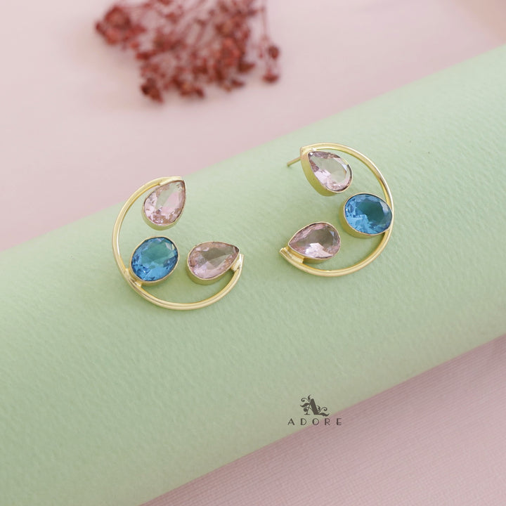 Golden Semi Circle Glossy Twin Drop + Oval Earring
