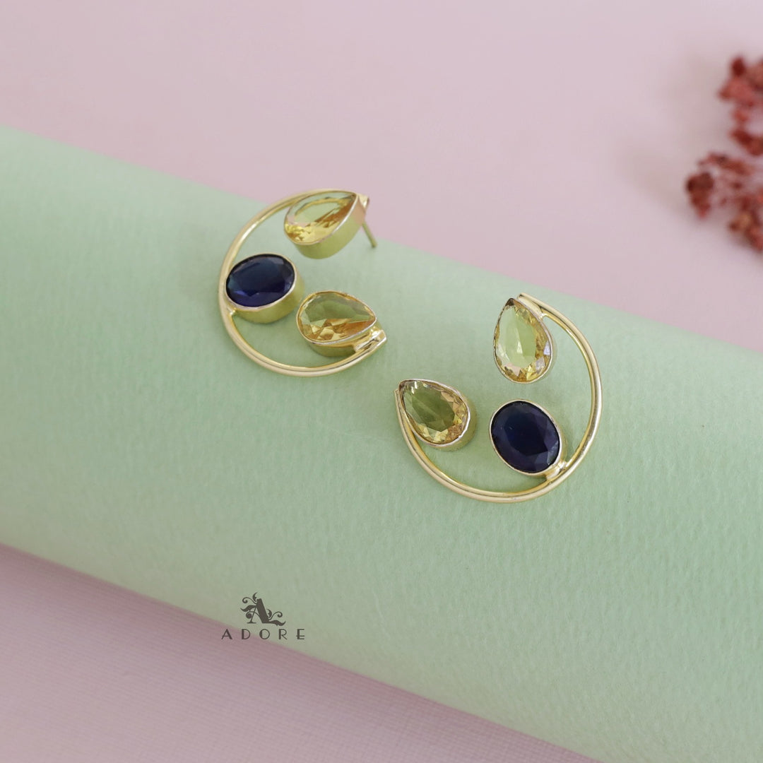 Golden Semi Circle Glossy Twin Drop + Oval Earring