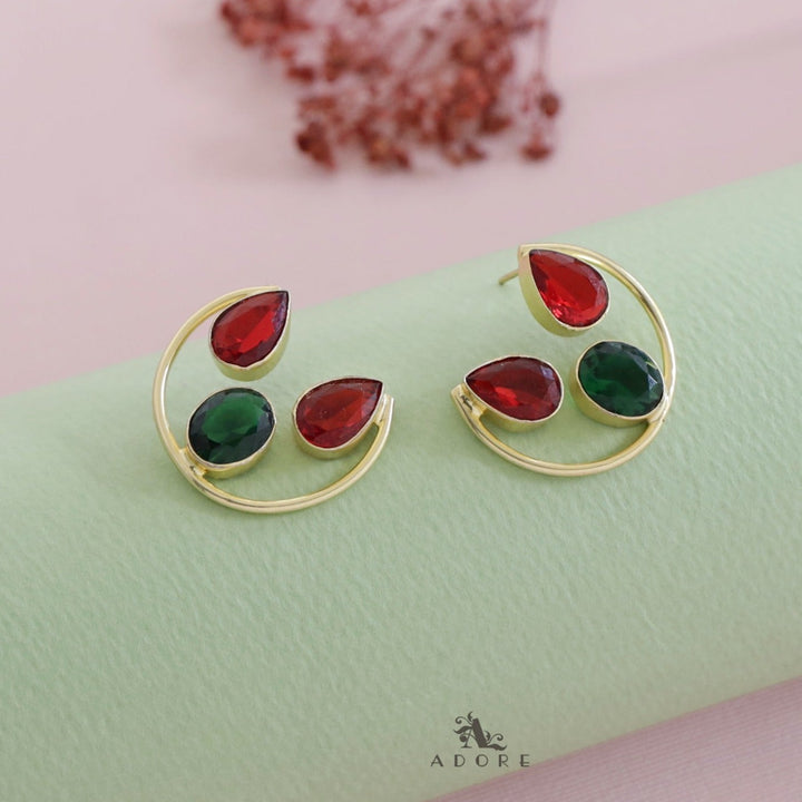 Golden Semi Circle Glossy Twin Drop + Oval Earring