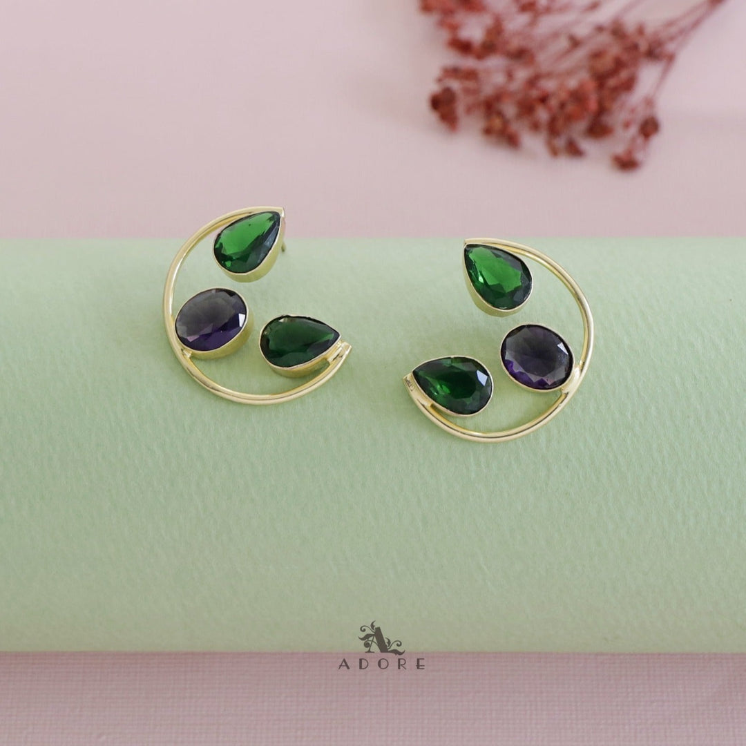 Golden Semi Circle Glossy Twin Drop + Oval Earring