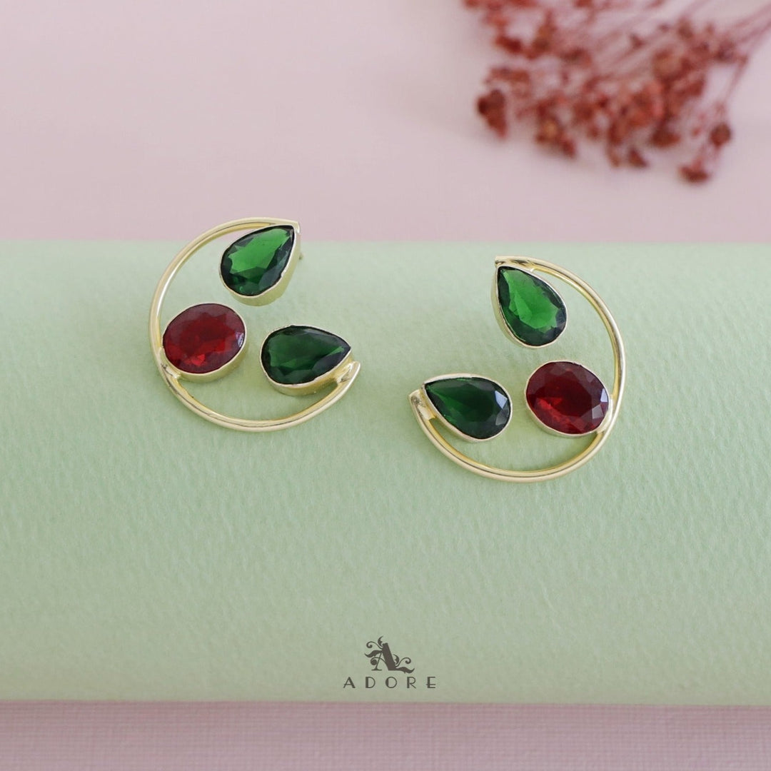 Golden Semi Circle Glossy Twin Drop + Oval Earring