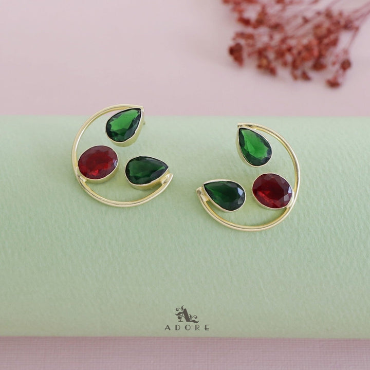 Golden Semi Circle Glossy Twin Drop + Oval Earring