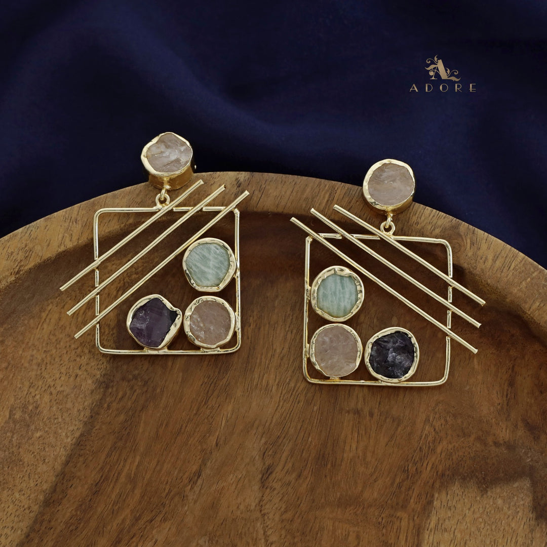 Golden Square Triple Line Raw Stone Earring