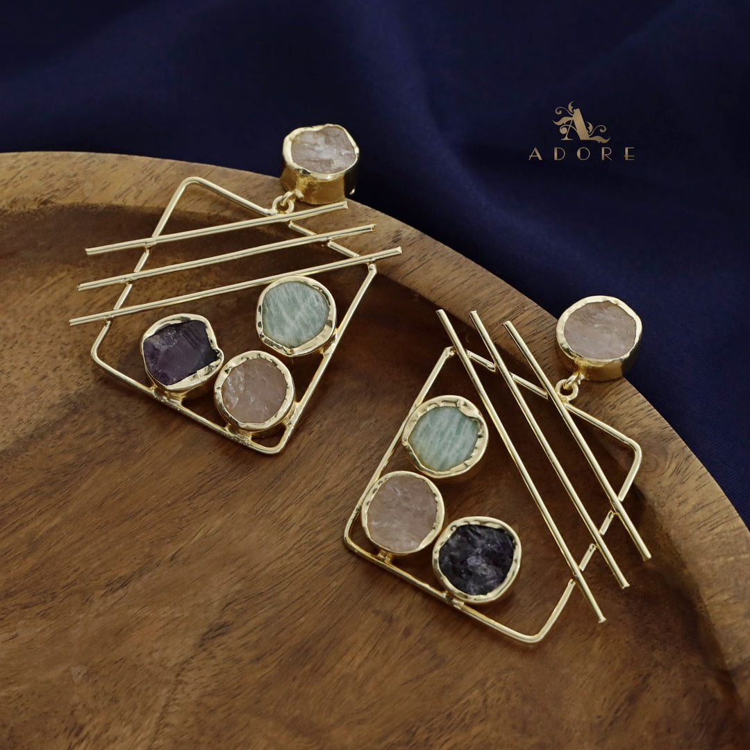 Golden Square Triple Line Raw Stone Earring