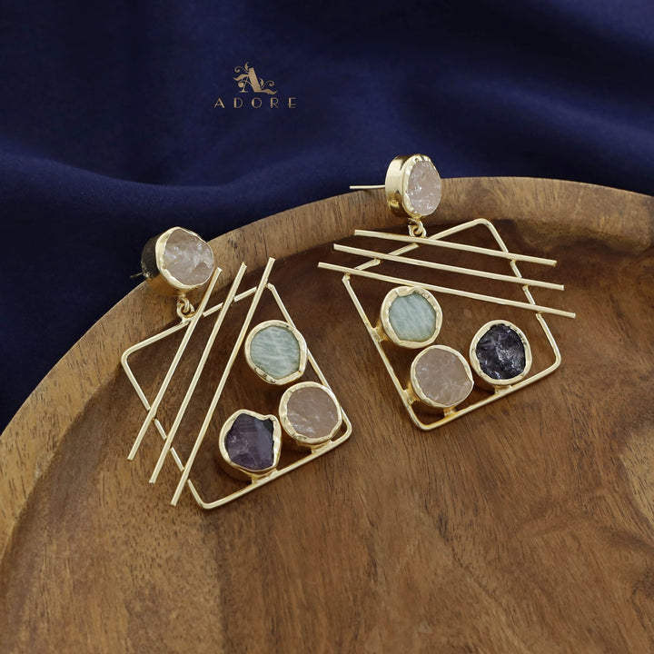 Golden Square Triple Line Raw Stone Earring