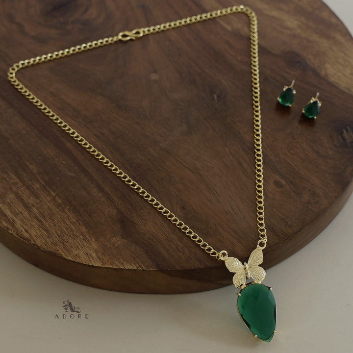 Golden Papillon Glossy Drop Long Neckpiece With Stud
