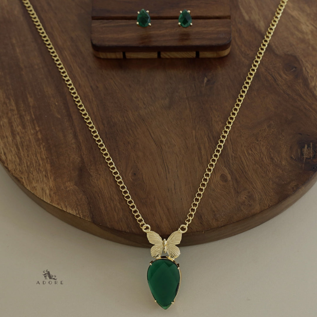 Golden Papillon Glossy Drop Long Neckpiece With Stud
