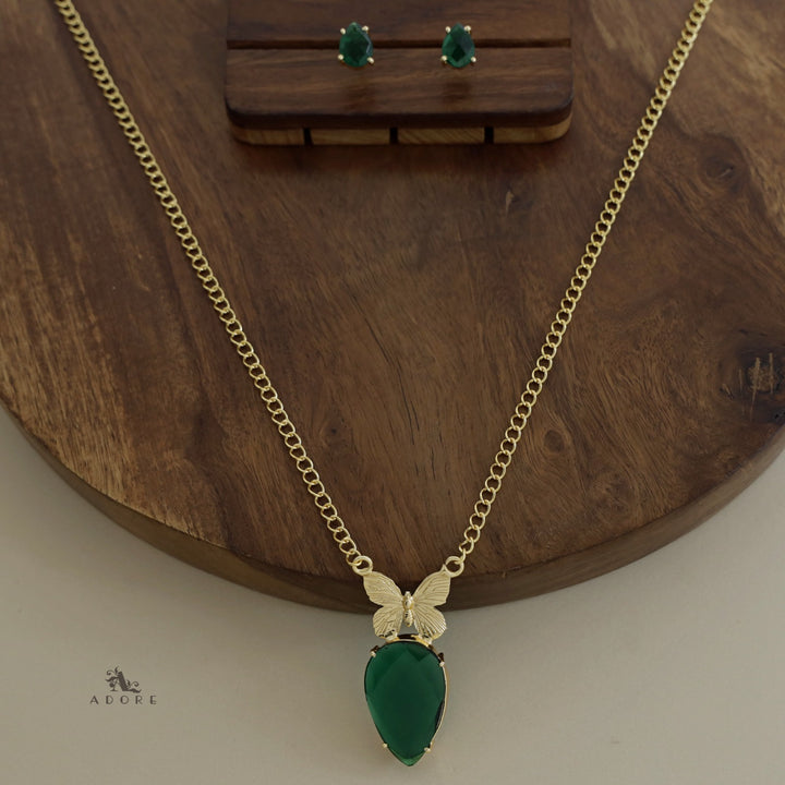 Golden Papillon Glossy Drop Long Neckpiece With Stud
