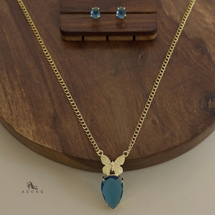 Golden Papillon Glossy Drop Long Neckpiece With Stud