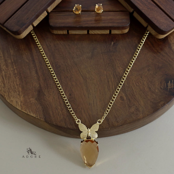 Golden Papillon Glossy Drop Long Neckpiece With Stud
