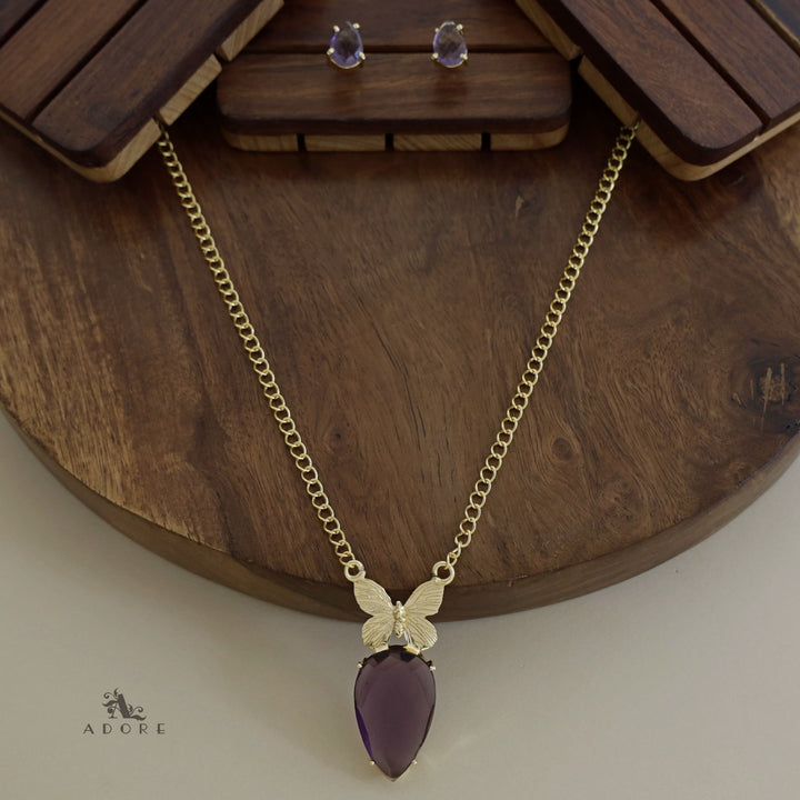 Golden Papillon Glossy Drop Long Neckpiece With Stud