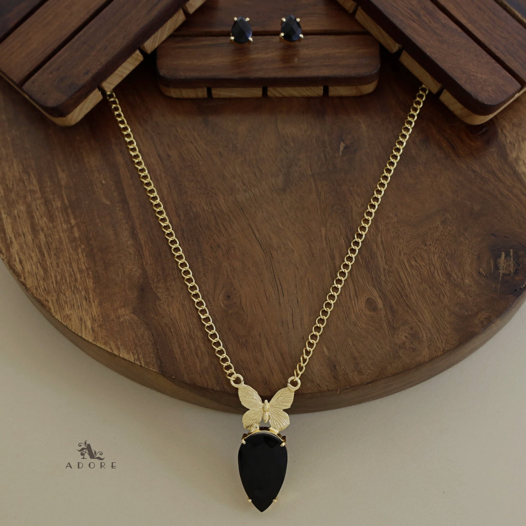 Golden Papillon Glossy Drop Long Neckpiece With Stud