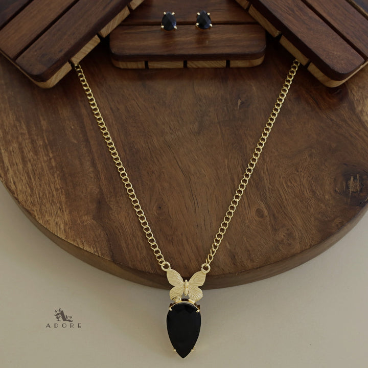 Golden Papillon Glossy Drop Long Neckpiece With Stud