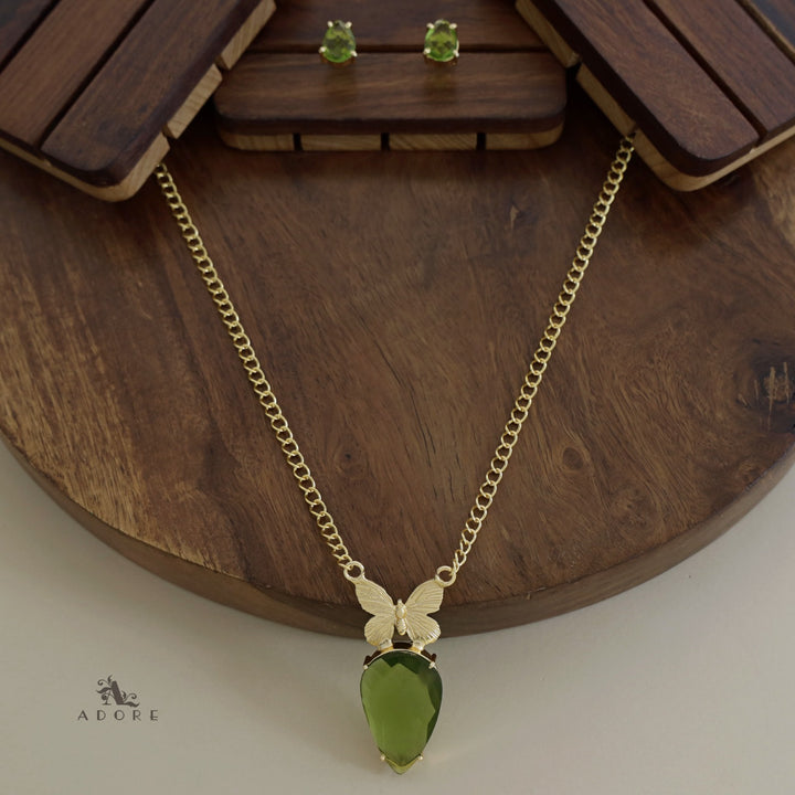 Golden Papillon Glossy Drop Long Neckpiece With Stud