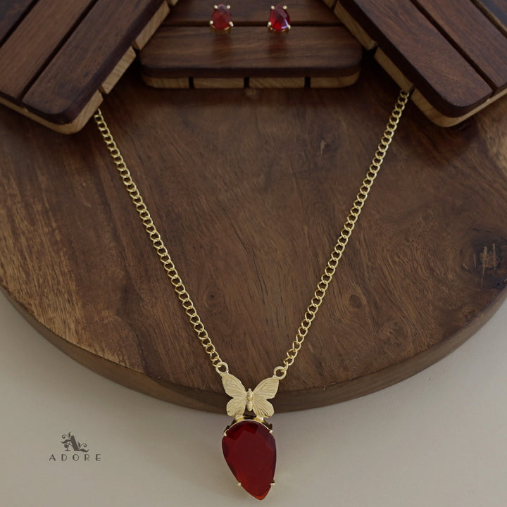 Golden Papillon Glossy Drop Long Neckpiece With Stud
