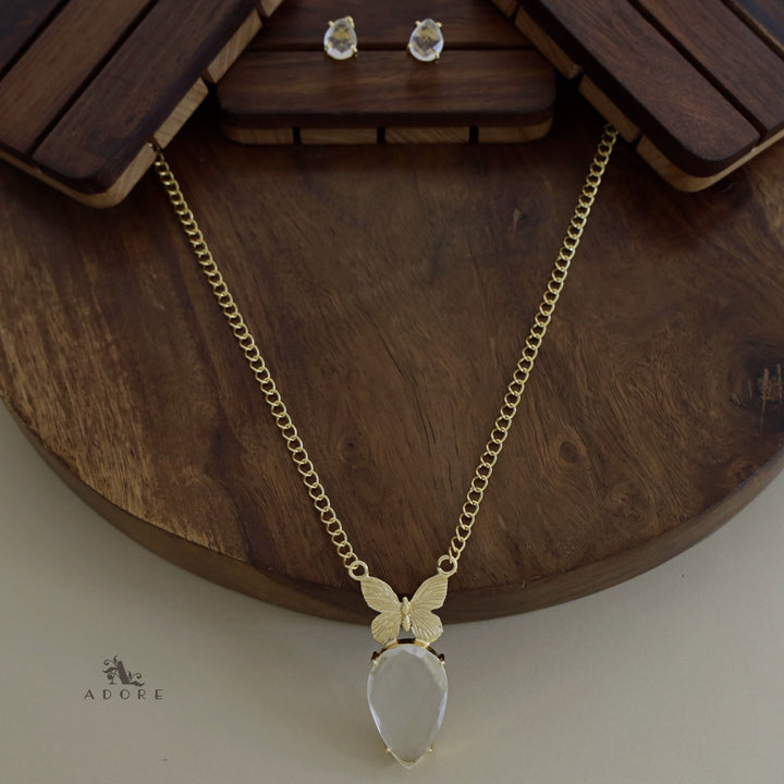 Golden Papillon Glossy Drop Long Neckpiece With Stud