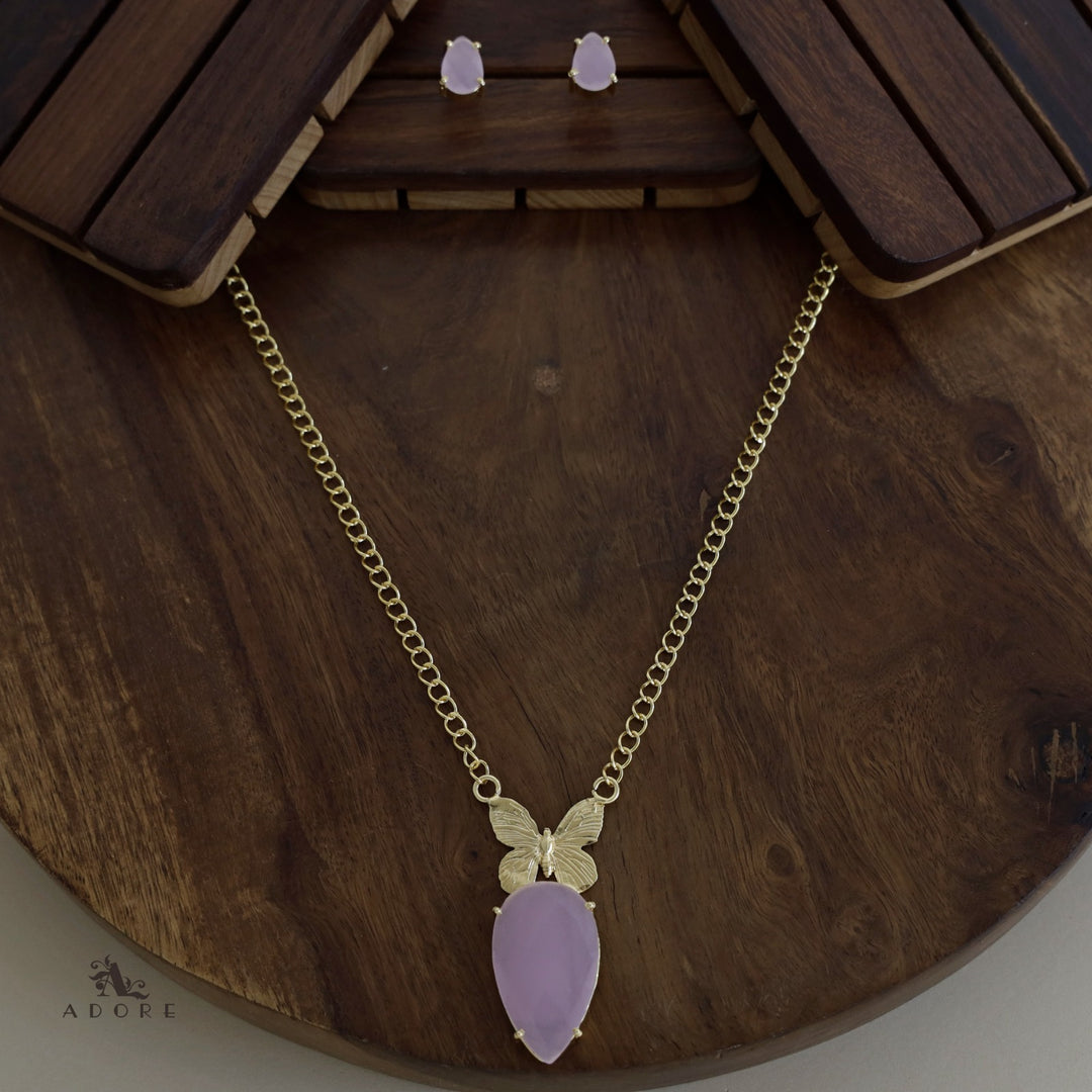 Golden Papillon Glossy Drop Long Neckpiece With Stud