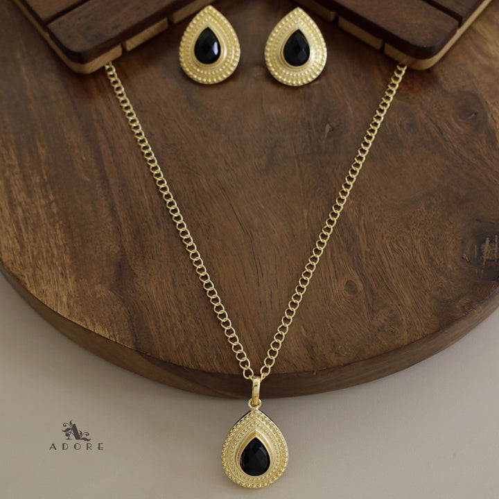 Golden Dotted Glossy Drop Long Neckpiece With Earring