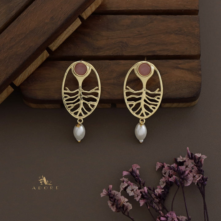 Golden Oval Tree Glossy Pearl Earring