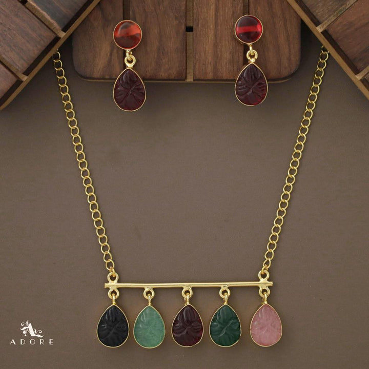 Mizhil 5 Carved Stone Neckpiece With Earring