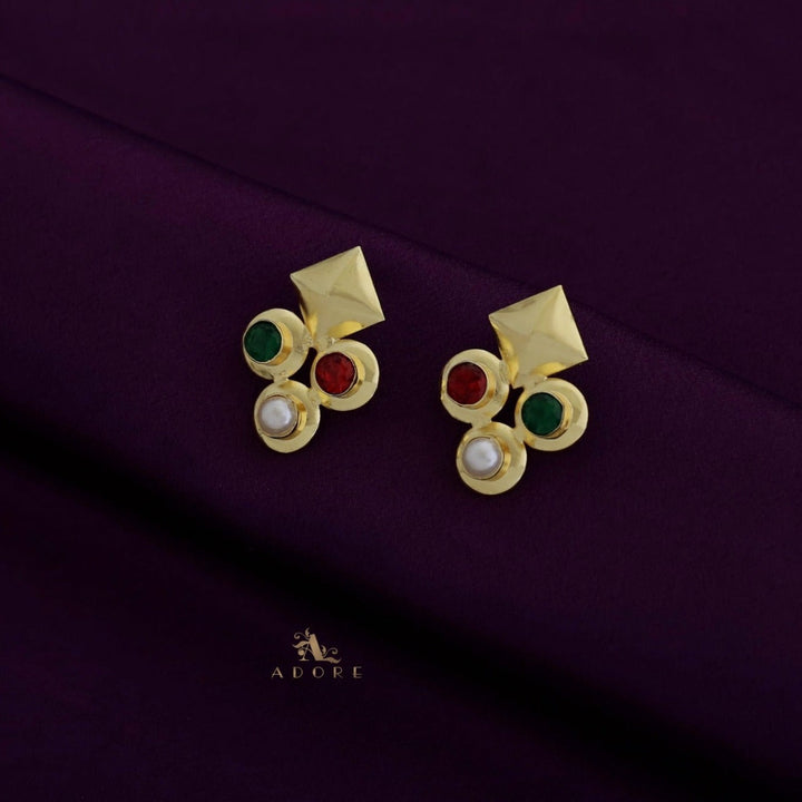 Golden Folded Diamond Tri Glossy + Pearl Earring