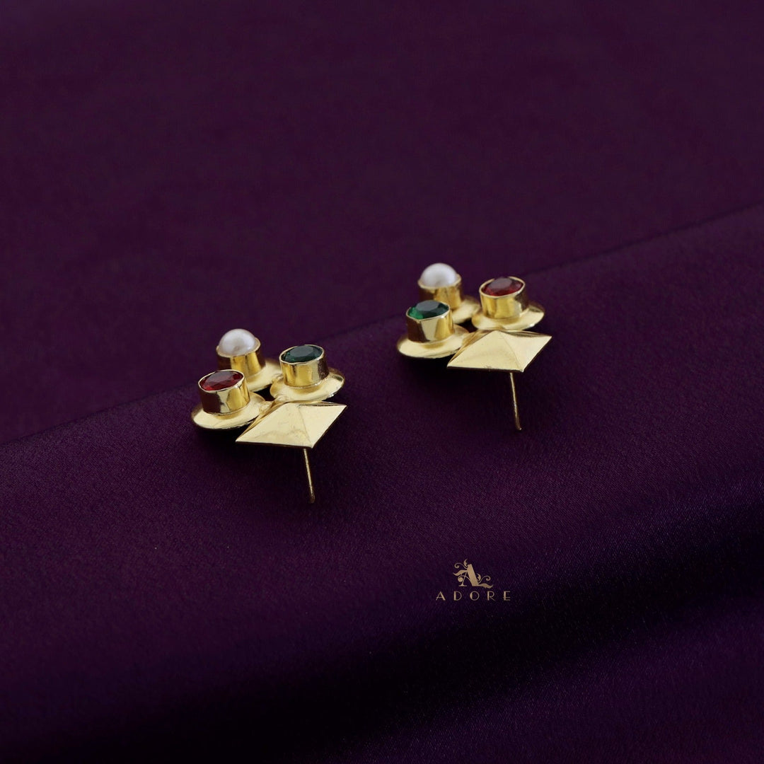 Golden Folded Diamond Tri Glossy + Pearl Earring