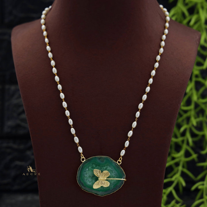 Rice Pearl Long  Agate Golden Papillon Neckpiece