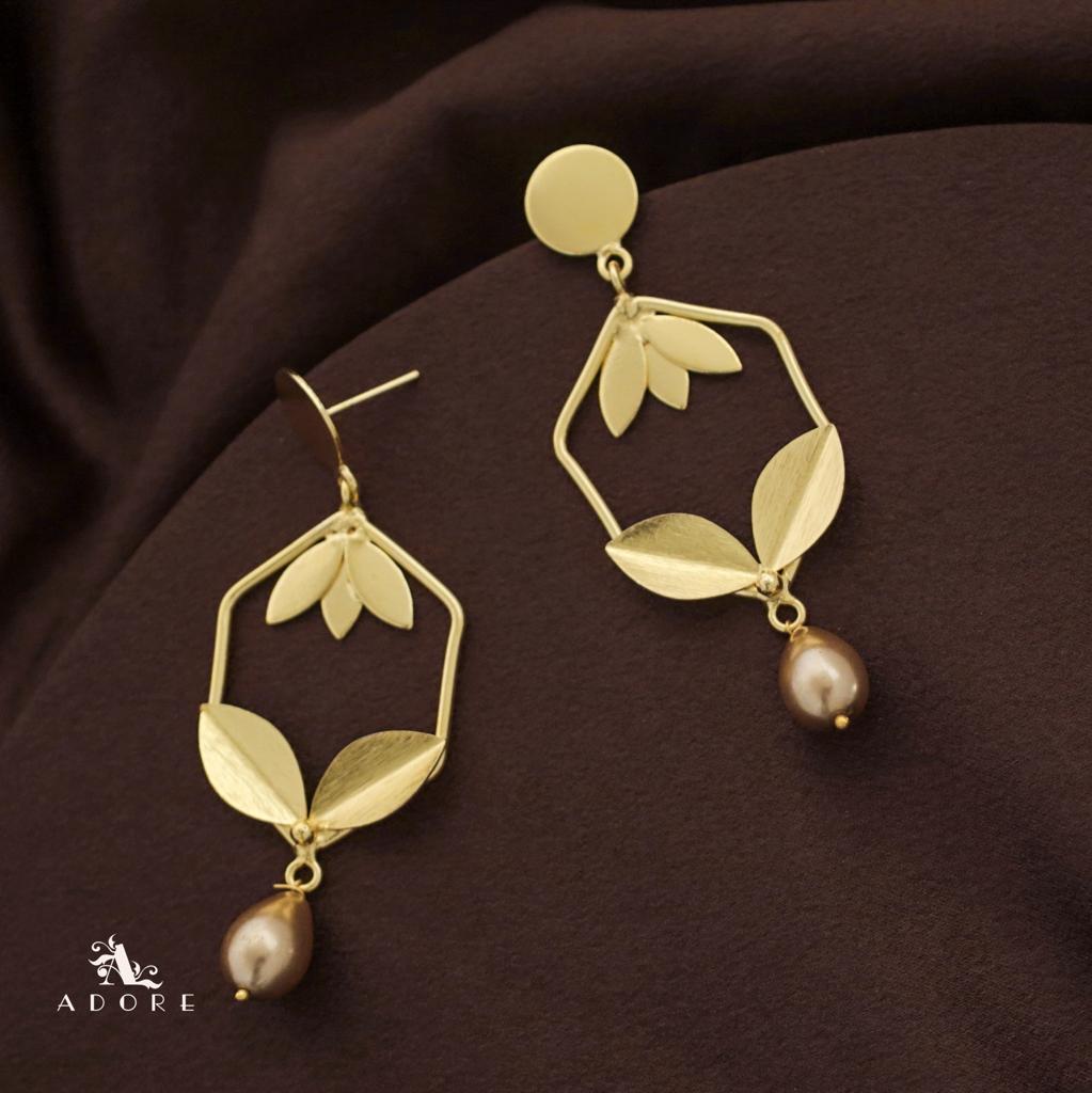 Golden Hexagon Leafy Pearl Drop Earring