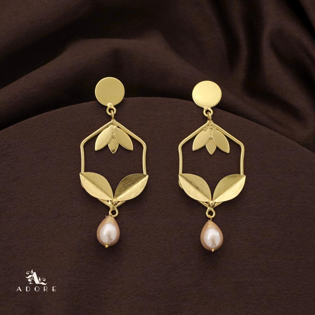 Golden Hexagon Leafy Pearl Drop Earring