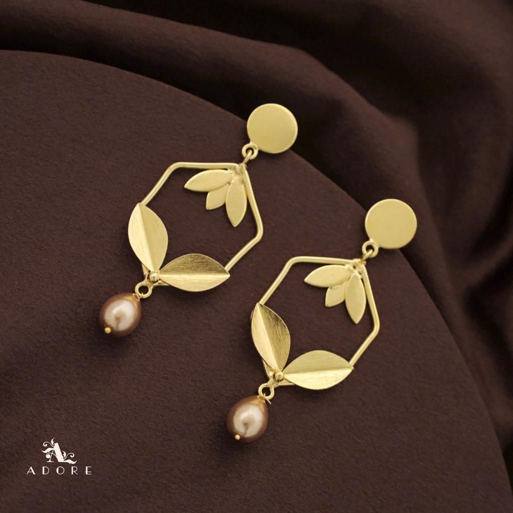 Golden Hexagon Leafy Pearl Drop Earring