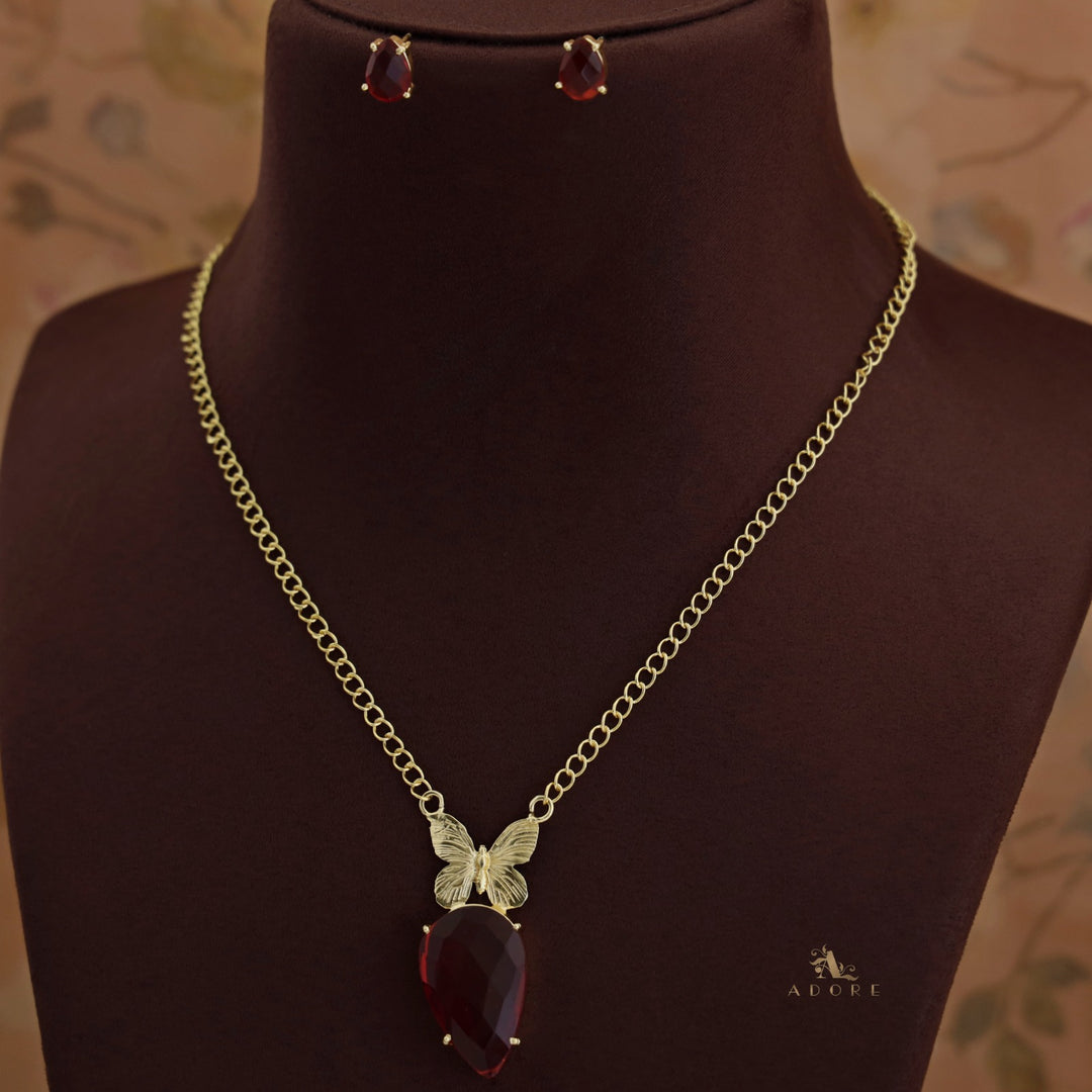 Golden Papillon Glossy Drop Long Neckpiece With Stud