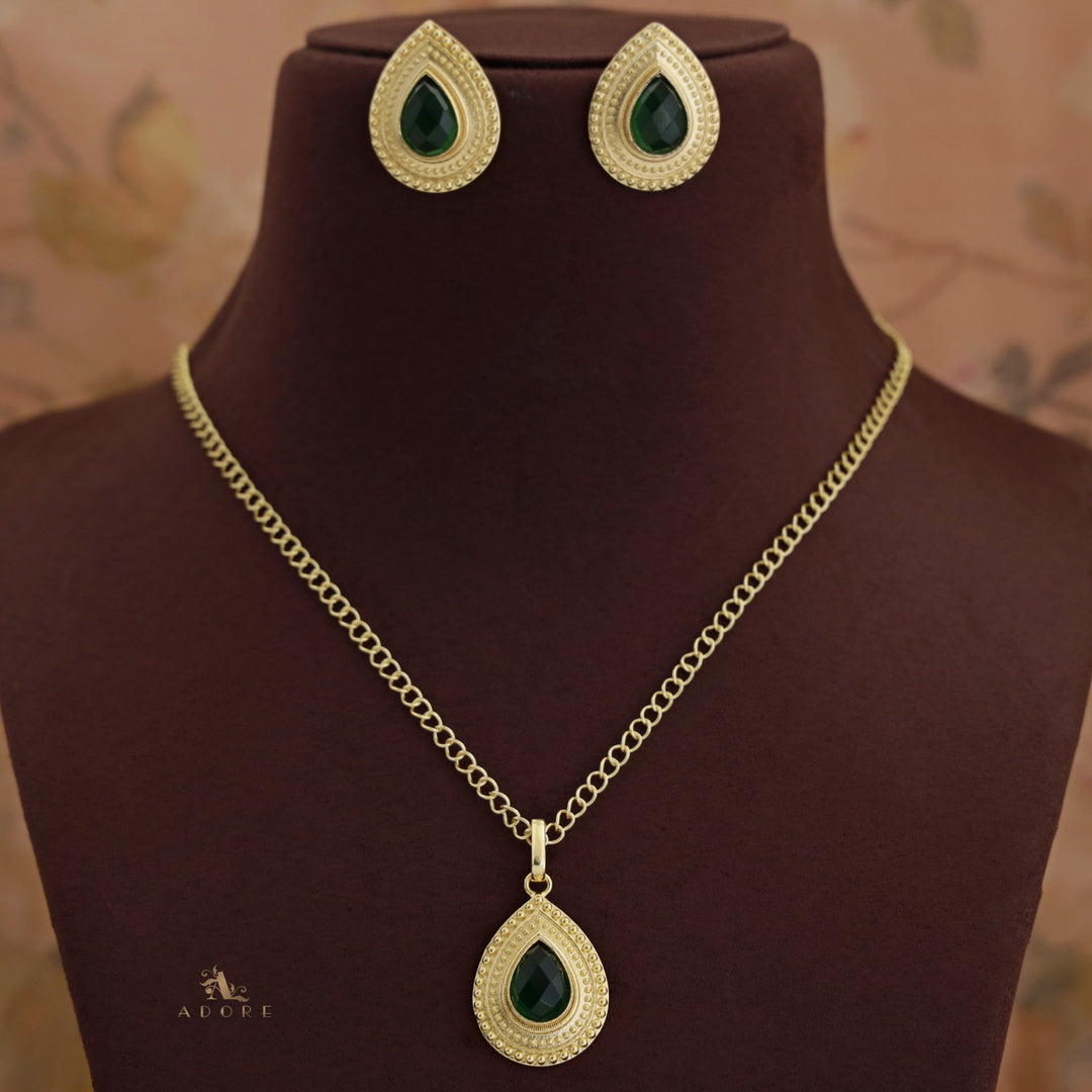 Golden Dotted Glossy Drop Long Neckpiece With Earring