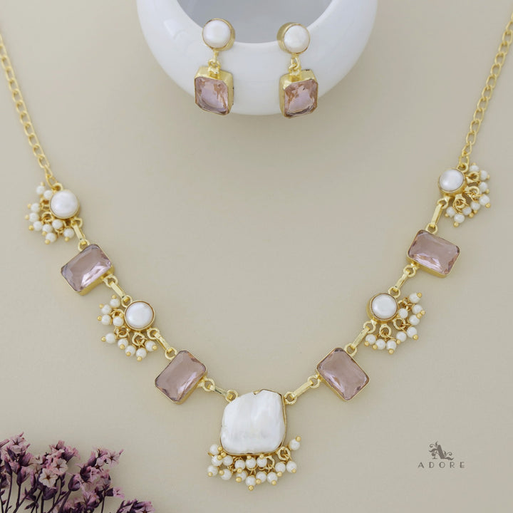 Pearly Baroque + Glossy Rectangle Neckpiece With Earring