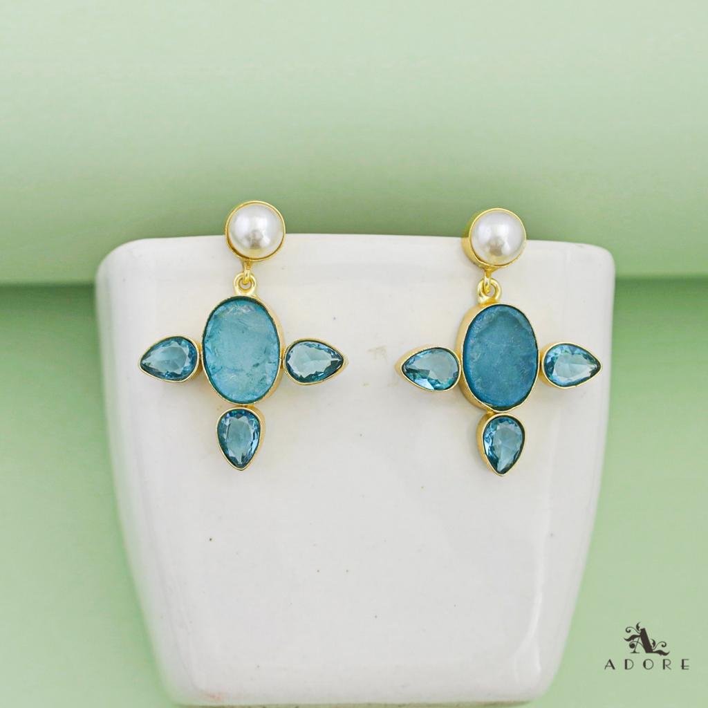 Pearly Oval Stone Tri Petal Earring  ( Dyed Stone )