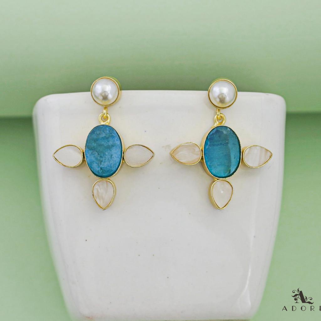 Pearly Oval Stone Tri Petal Earring  ( Dyed Stone )