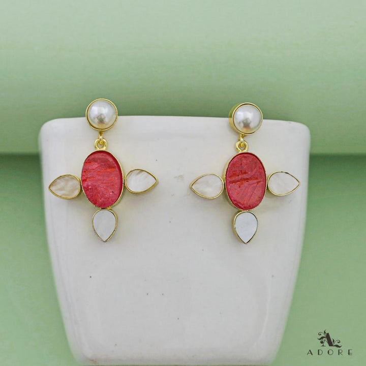 Pearly Oval Stone Tri Petal Earring  ( Dyed Stone )