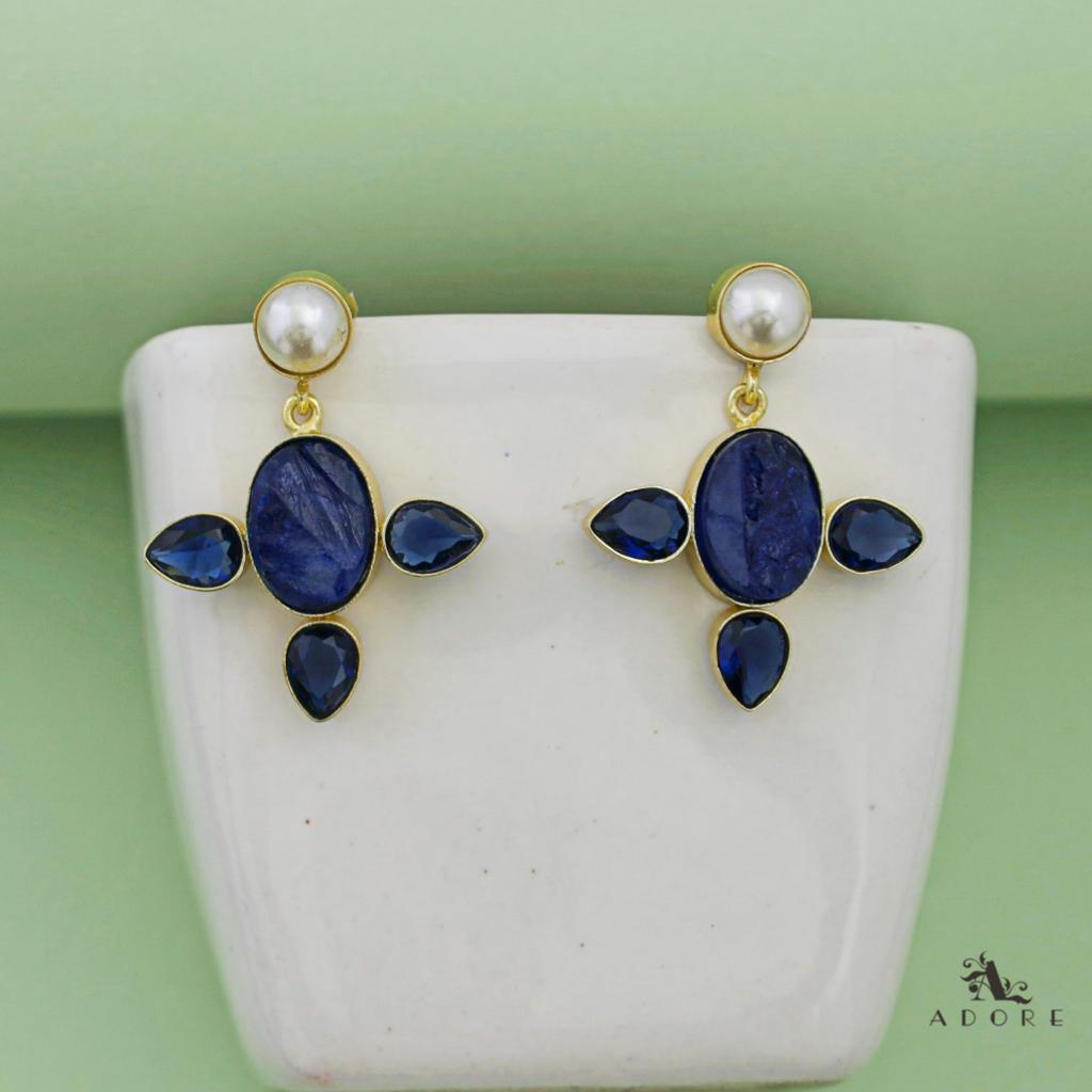 Pearly Oval Stone Tri Petal Earring  ( Dyed Stone )