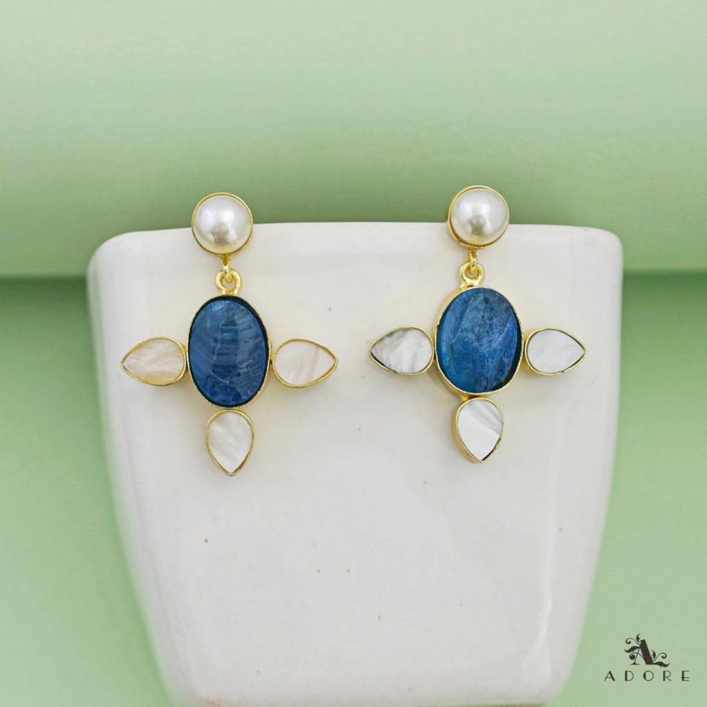 Pearly Oval Stone Tri Petal Earring  ( Dyed Stone )