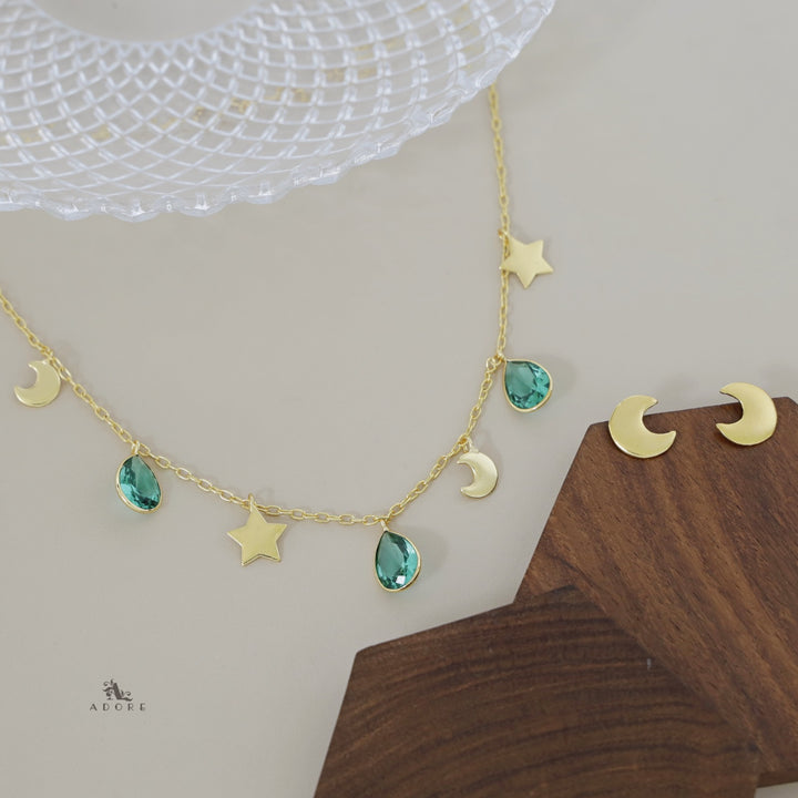 Astral Glossy Tri Drop Neckpiece With Golden Moon Stud