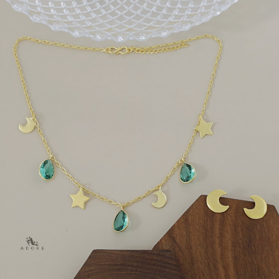 Astral Glossy Tri Drop Neckpiece With Golden Moon Stud