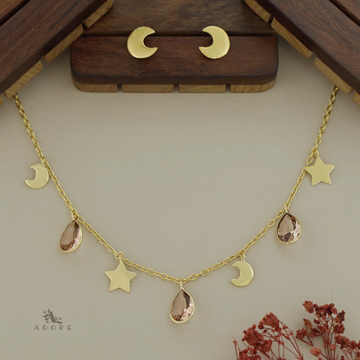 Astral Glossy Tri Drop Neckpiece With Golden Moon Stud